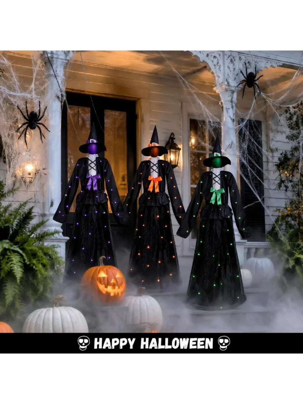 65-Inch Light-Up Witch Decoration Set of 3 - Solar-Powered Outdoor Graveyard